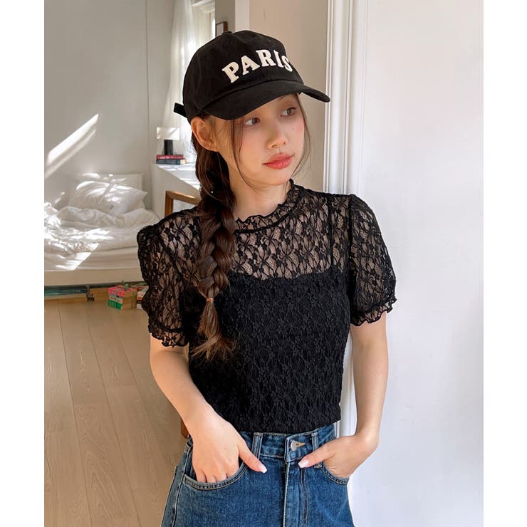 シースルーレースフリル半袖ブラウス[品番：FROW0001598]｜by muni:r