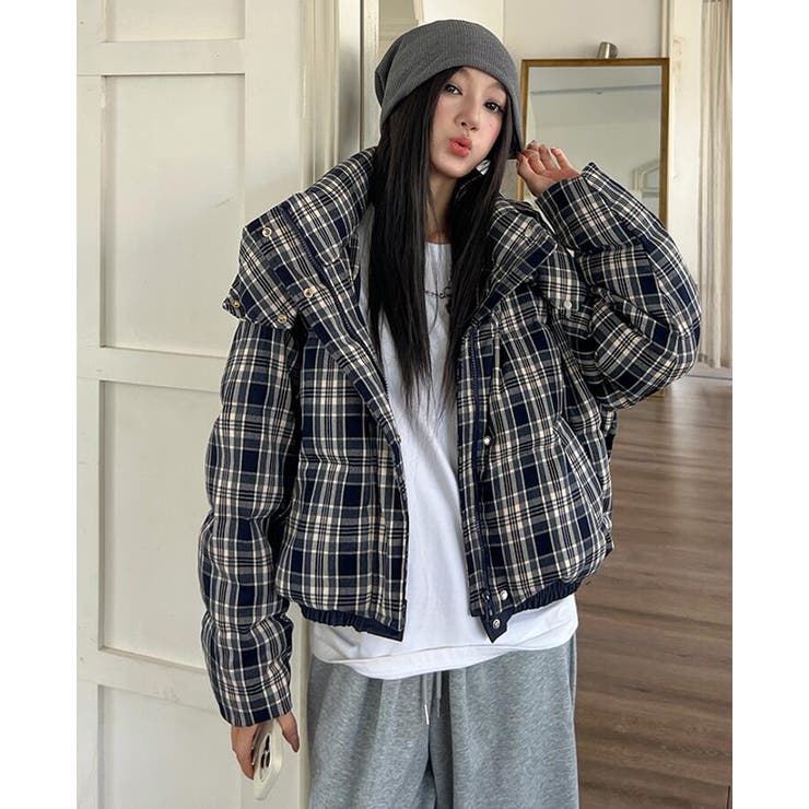 チェック柄 フード付きショートダウンジャケット パフスリーブアウター