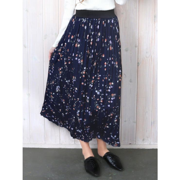 スカート 花柄 選べるデザイン小花柄プリーツロングフレアスカート