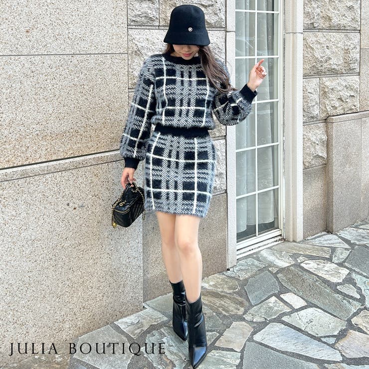 チェック柄シャギータッチニットトップス+ミニスカートセットアップ