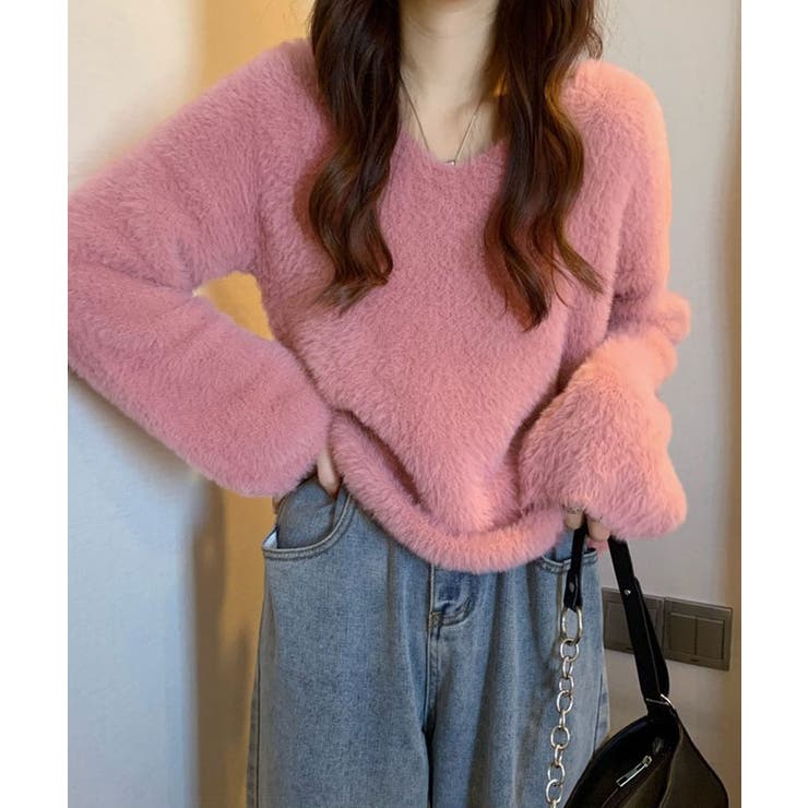 Vネックシャギーニットプルオーバー トップス ニット[品番