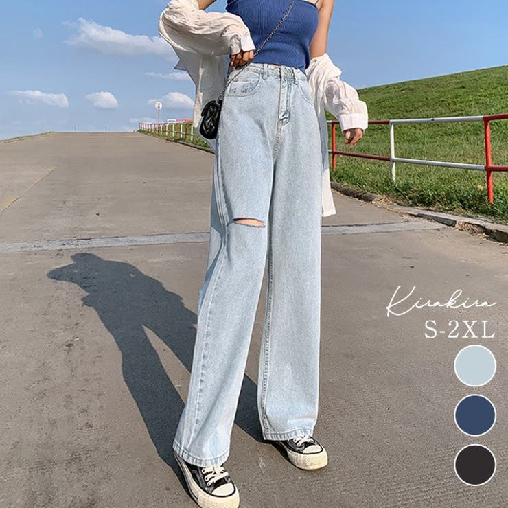 SHOPLIST限定】ダメージ加工デニムパンツ 5サイズ セミワイドデニム