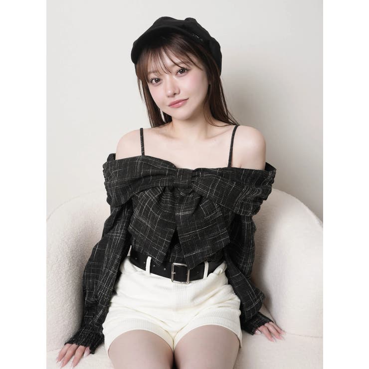 リボンオフショルロングスリーブトップス[品番：LINW0002740