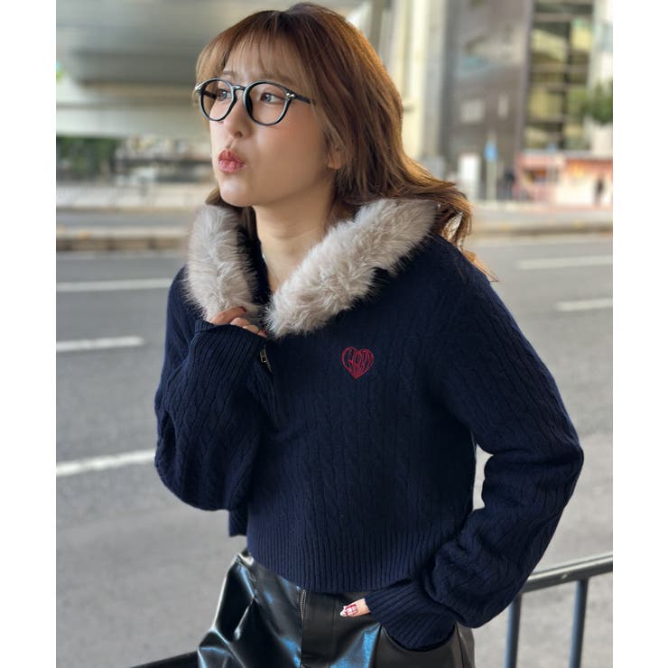 ケーブル編み×ファーフード》ハーフZIPニットプルオーバー／秋冬