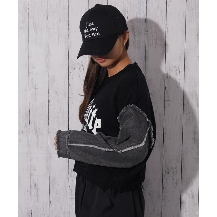 ダメージ×デニムスリーブ》レディース ロゴニット クロップド丈 秋冬