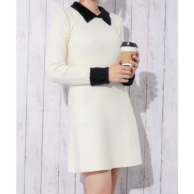 フェザー襟×袖口デザイン》レディース ニットワンピース／配色