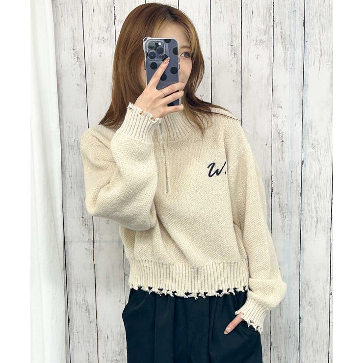 ダメージ×ハーフジップ》レディース ニットプルオーバー ショート丈