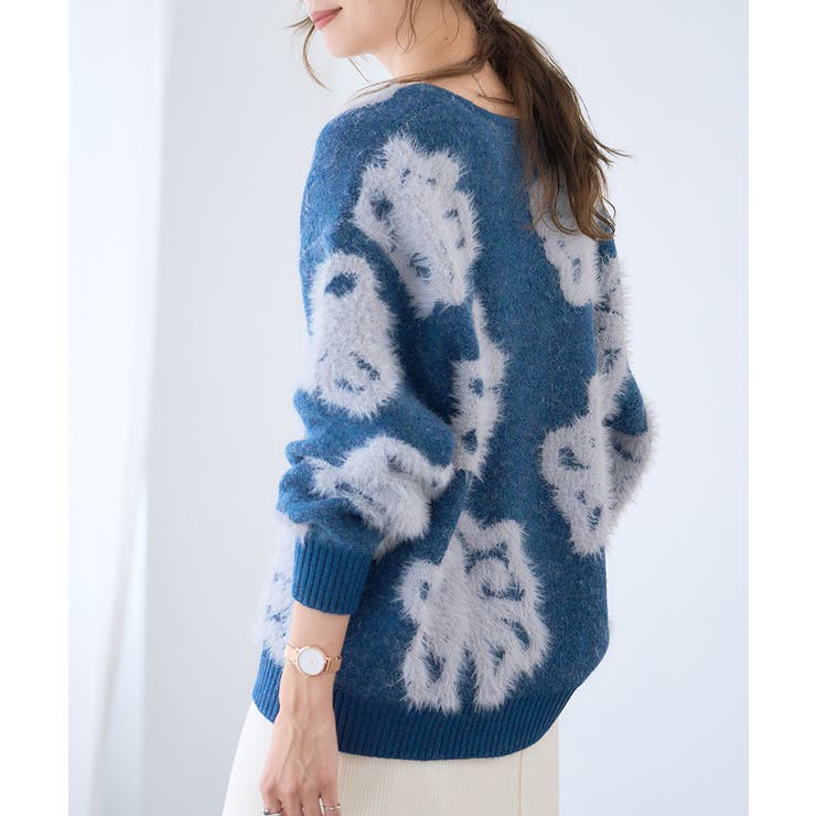 フェザーニット 花柄 Vネック[品番：GW000004883]｜Growing Rich