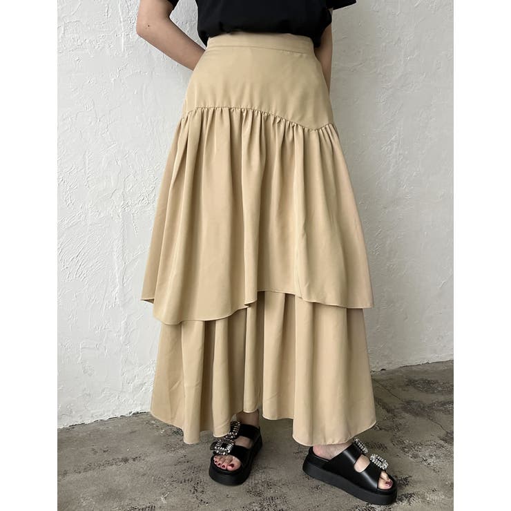 低身長/高身長サイズ有]アシンメトリーティアードフレアスカート[品番