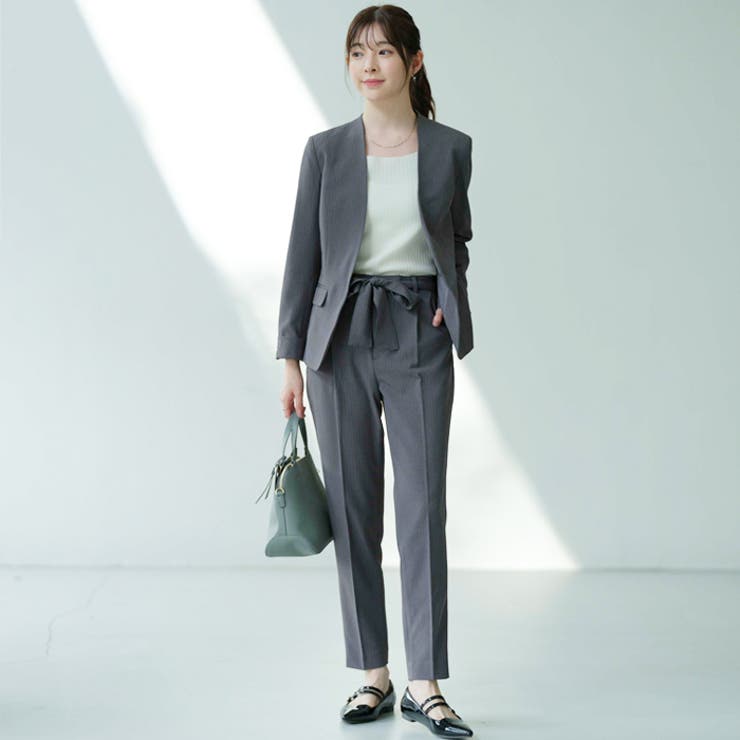 2点セット】洗えるノーカラージャケットパンツスーツセットアップ