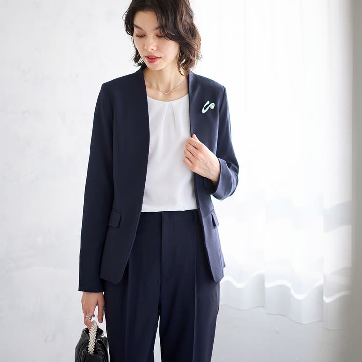 2点セット】洗えるノーカラージャケットパンツスーツセットアップ