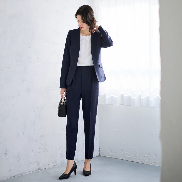 2点セット】洗えるノーカラージャケットパンツスーツセットアップ