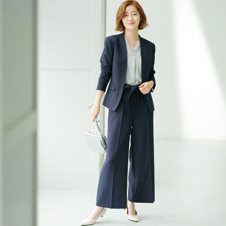 2点セット】洗えるノーカラーワイドパンツスーツセットアップ[品番