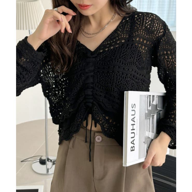 かぎ針編み風 フロント ドロスト リボン ショートニット[品番