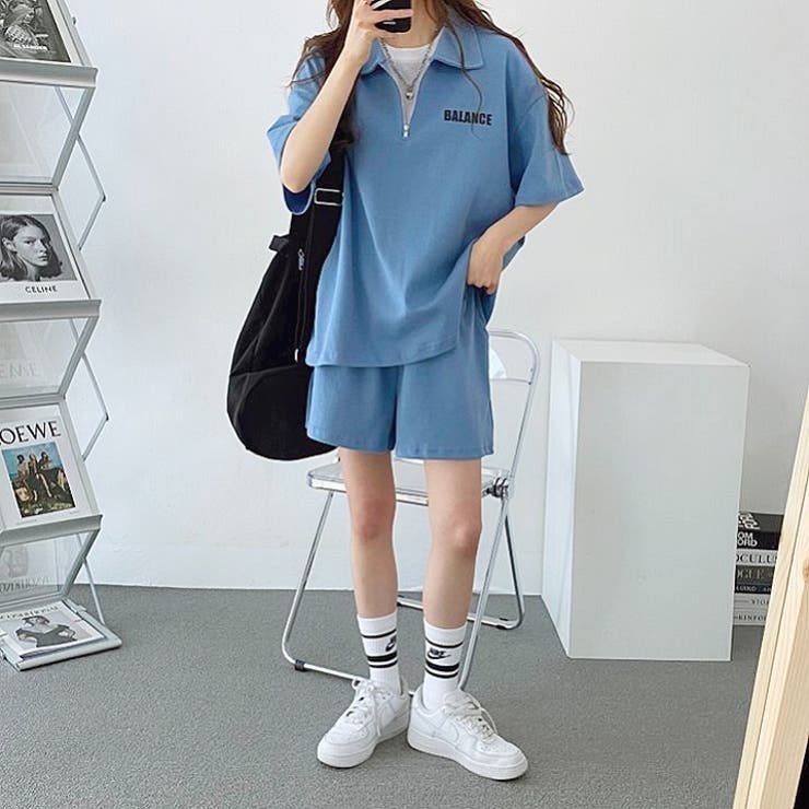 ハーフジップトップス×ハーフパンツSET 夏 韓国[品番：SHNW0007691