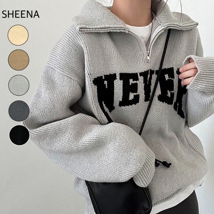 NEVERロゴハーフジップニットトップス 秋 冬[品番：SHNW0008416