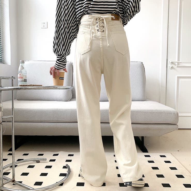 バックレースアップデニムワイドパンツ 春 夏[品番：SHNW0005794