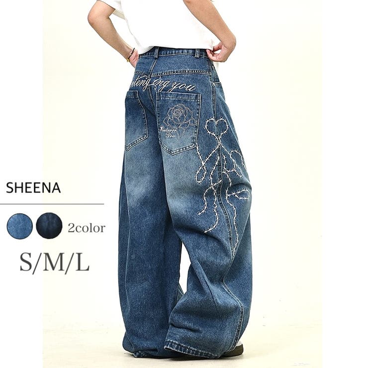 バックローズ刺繍ロゴカーブワイドデニムパンツ[品番：SHNW0012738