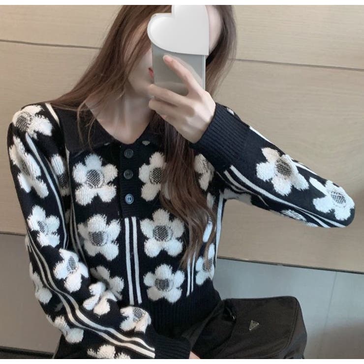 ポロ襟花柄ニットトップス 韓国ファッション 春[品番：SHNW0003735