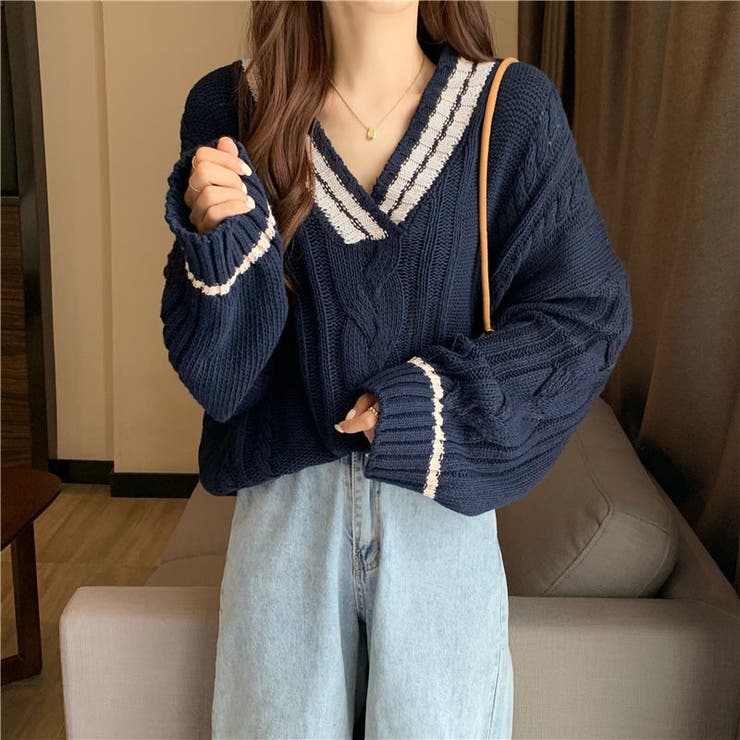 太Vネックケーブルニット[品番：SHNW0008148]｜LADY LIKE （レディ