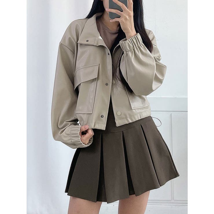 ハイネックショートレザージャケット レディース Y2K[品番