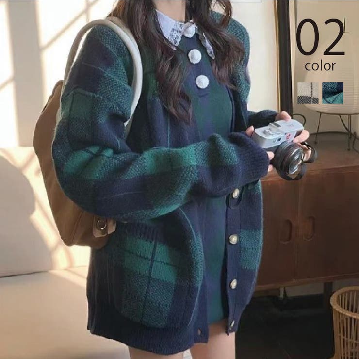 SETUP7】Vネックポケット付きチェックカーディガン SCCH289[品番