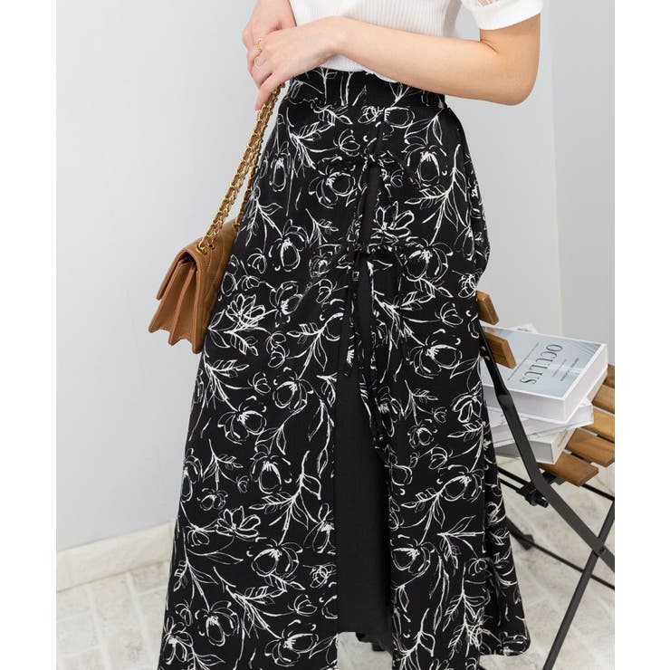 サイドスリットリボン付き 花柄 ロングスカート[品番：PPNW0004332