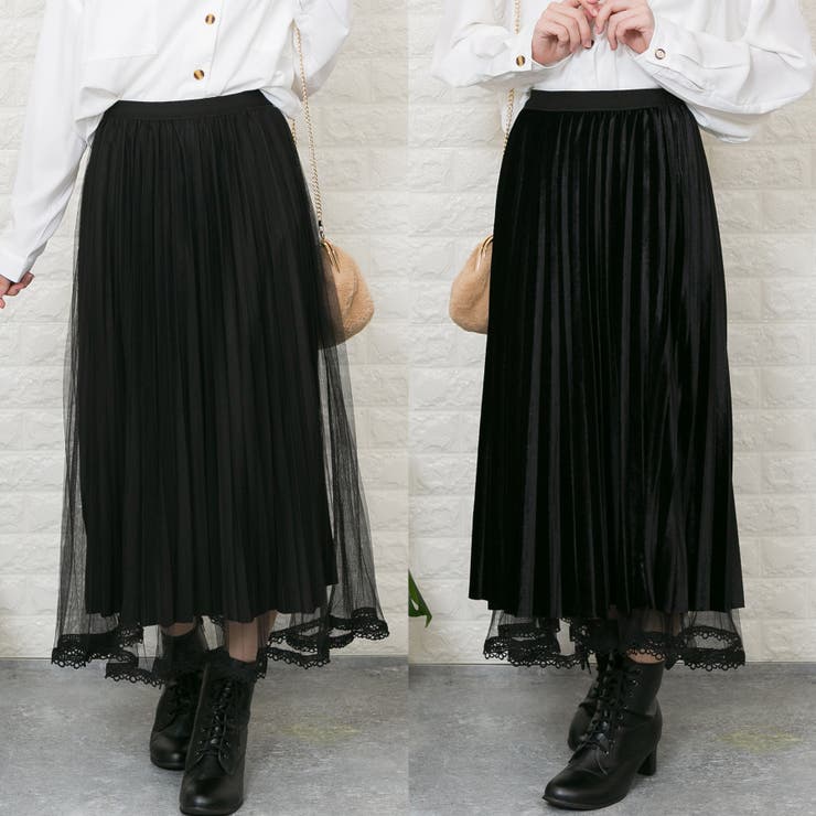 チュール（黒）使い 表裏リバーシブル ロングプリーツスカート[品番