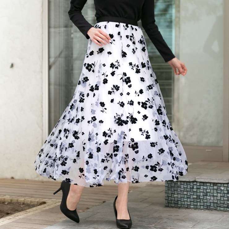 フロッキー 花柄 チュール ロングスカート[品番：PPNW0002341