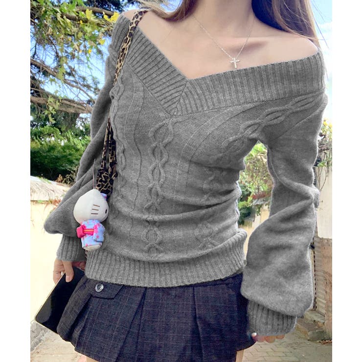 Vネックケーブルニット オフショルダー ケーブル編み[品番