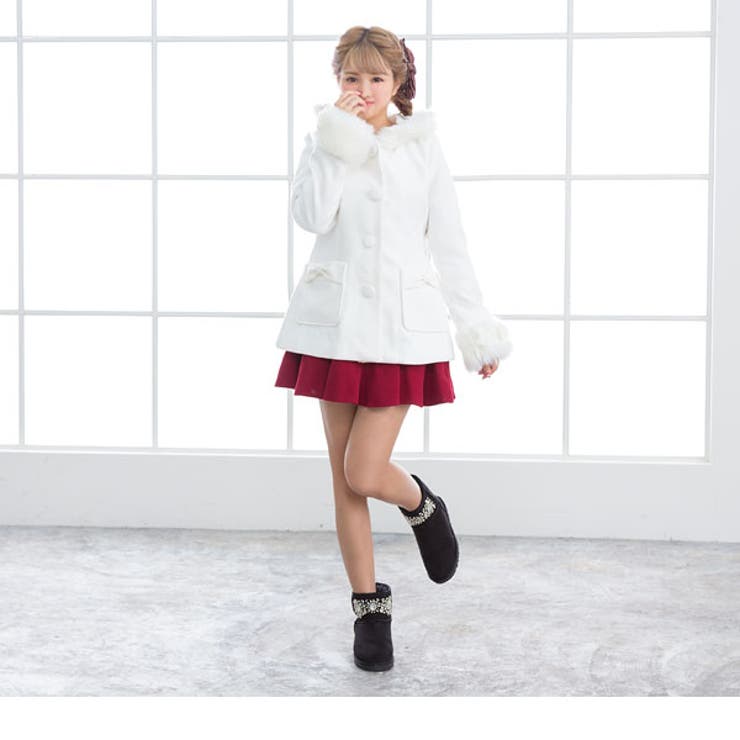 袖口ファー&リボンポケットフード付きショートコート MaR FN[品番