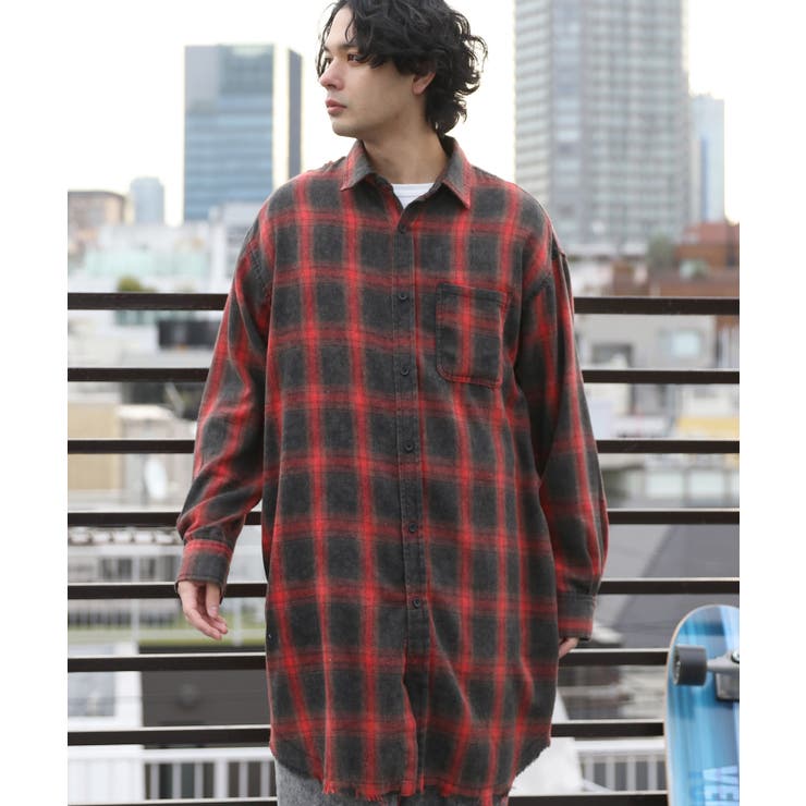 オンブレ ロング丈 ネルシャツ メンズ シャツ チェック柄 [品番