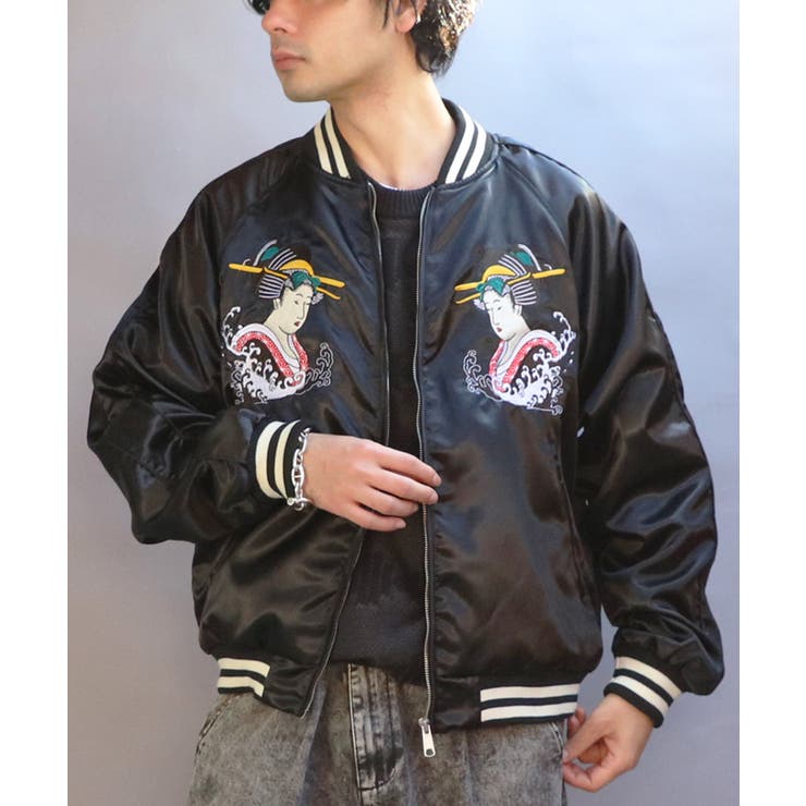 スカジャン メンズ ジャケット 歌舞伎 サテン 刺繍 アウター [品番