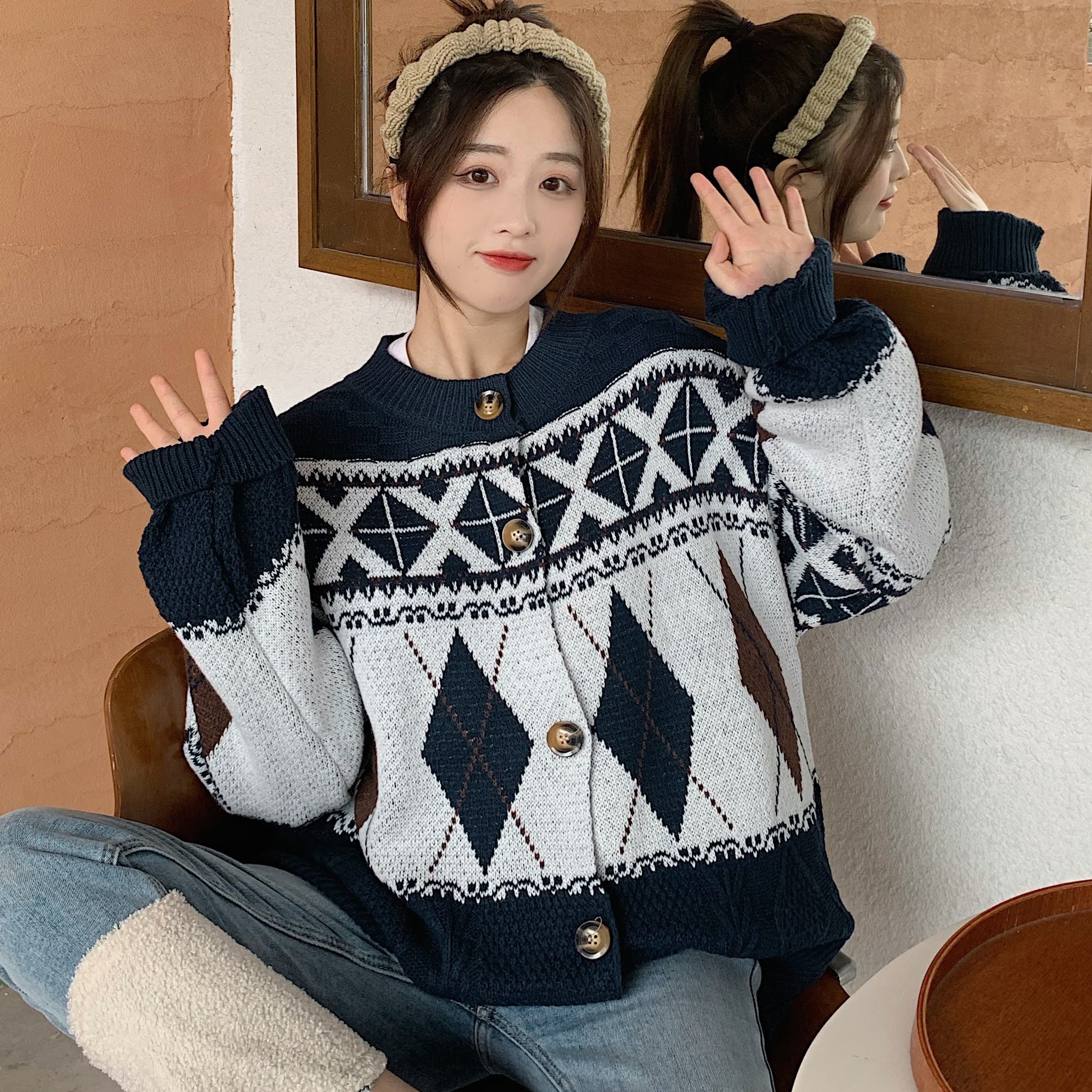 ノルディック柄長袖ニットカーディガン 秋冬新作 韓国ファッション
