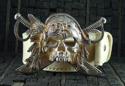 Ugo Cacciatori Pirate/Skeleton Belt Buckle and Leather Strap SKull