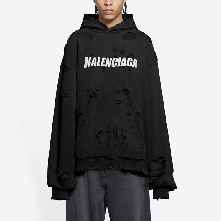 Balenciaga Caps Destroyed Hoodie 'Black White' 659403TKVB61093