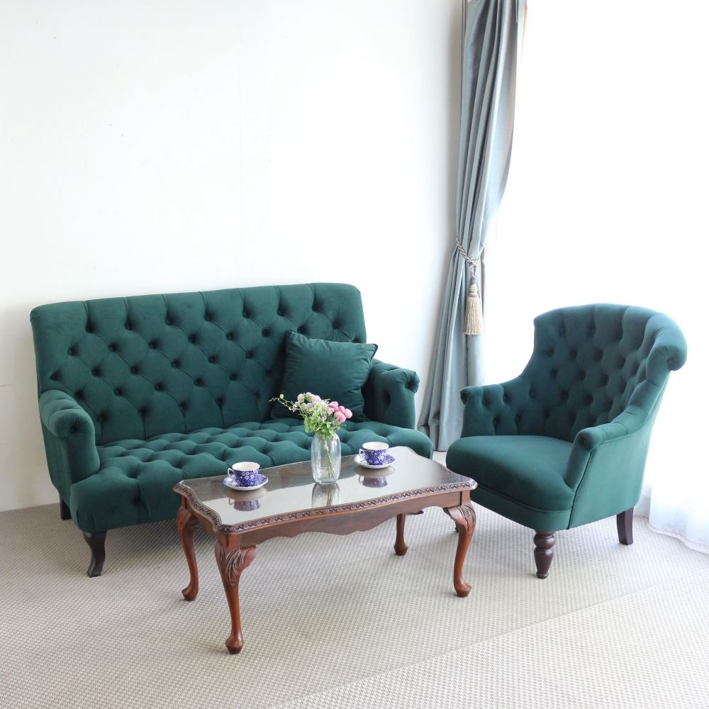 リッチなボタンバック♪ 1人掛けソファ／グリーン EB1-221217