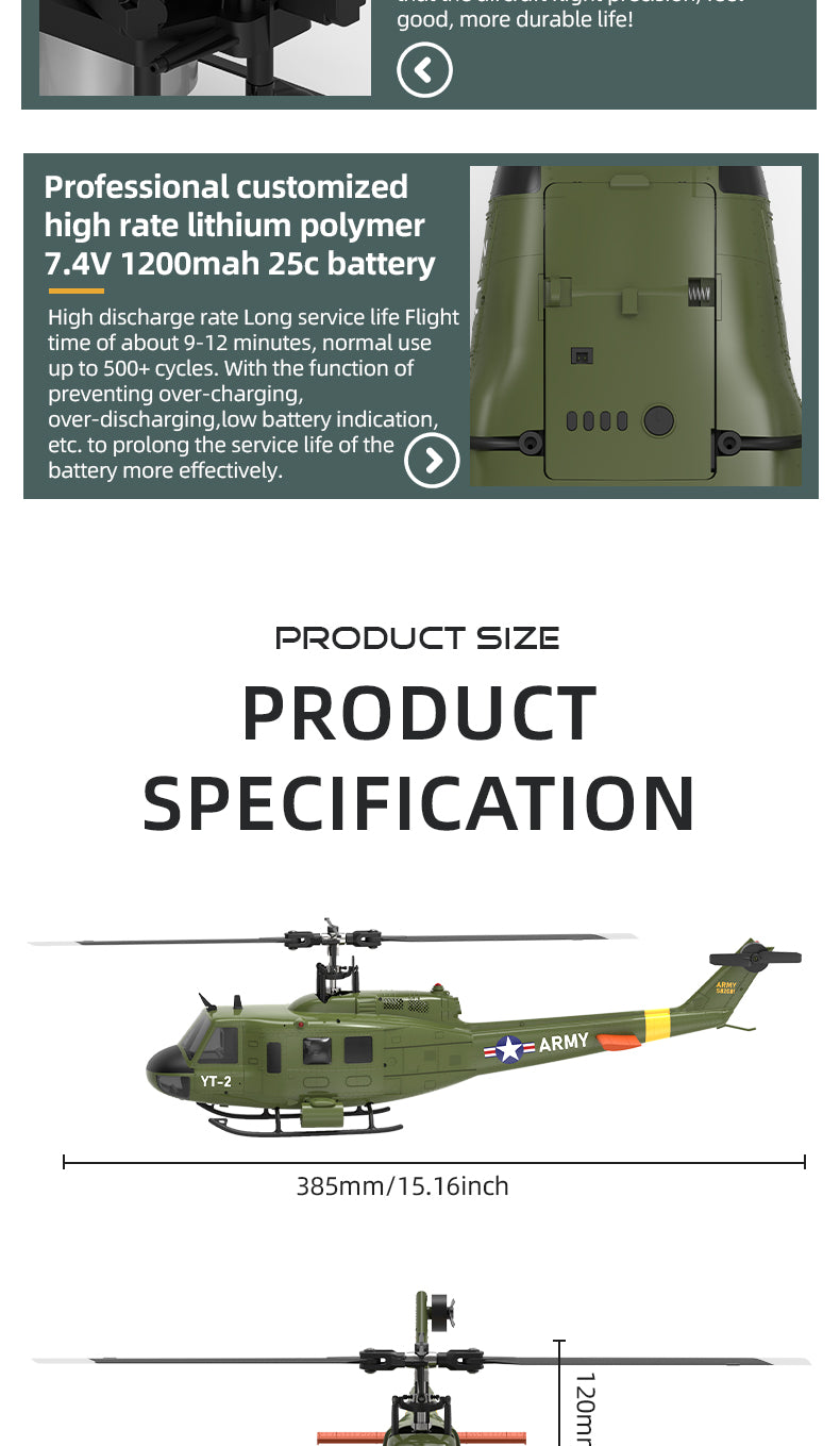 YXZNRC F07 UH1D Huey non-flanking Armed Helicopter 6-Axis