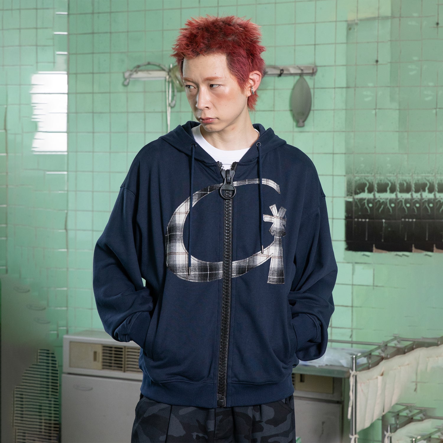 GHD021 ジサイン ビッグジッパー ジップアップパーカー (ネイビー