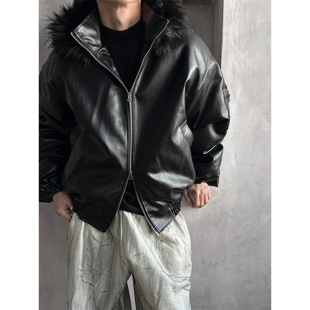 F/W] レザーアライグマファーフードジャンパー - LAURANT | 60