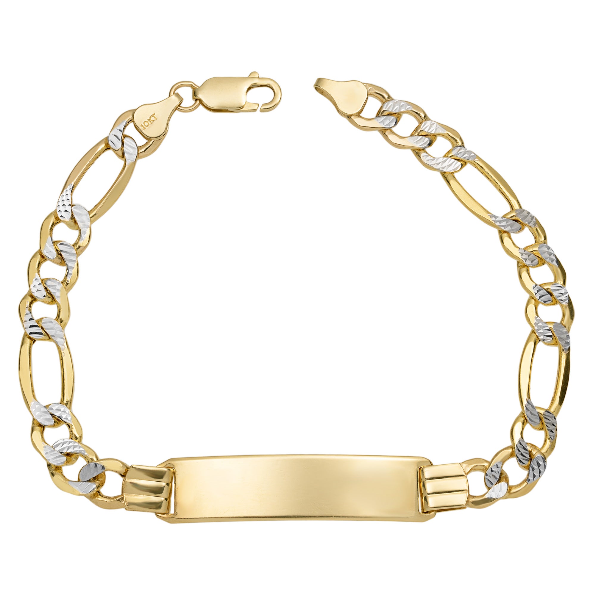 Pave Figaro Link ID Bracelet 10K Yellow White Gold