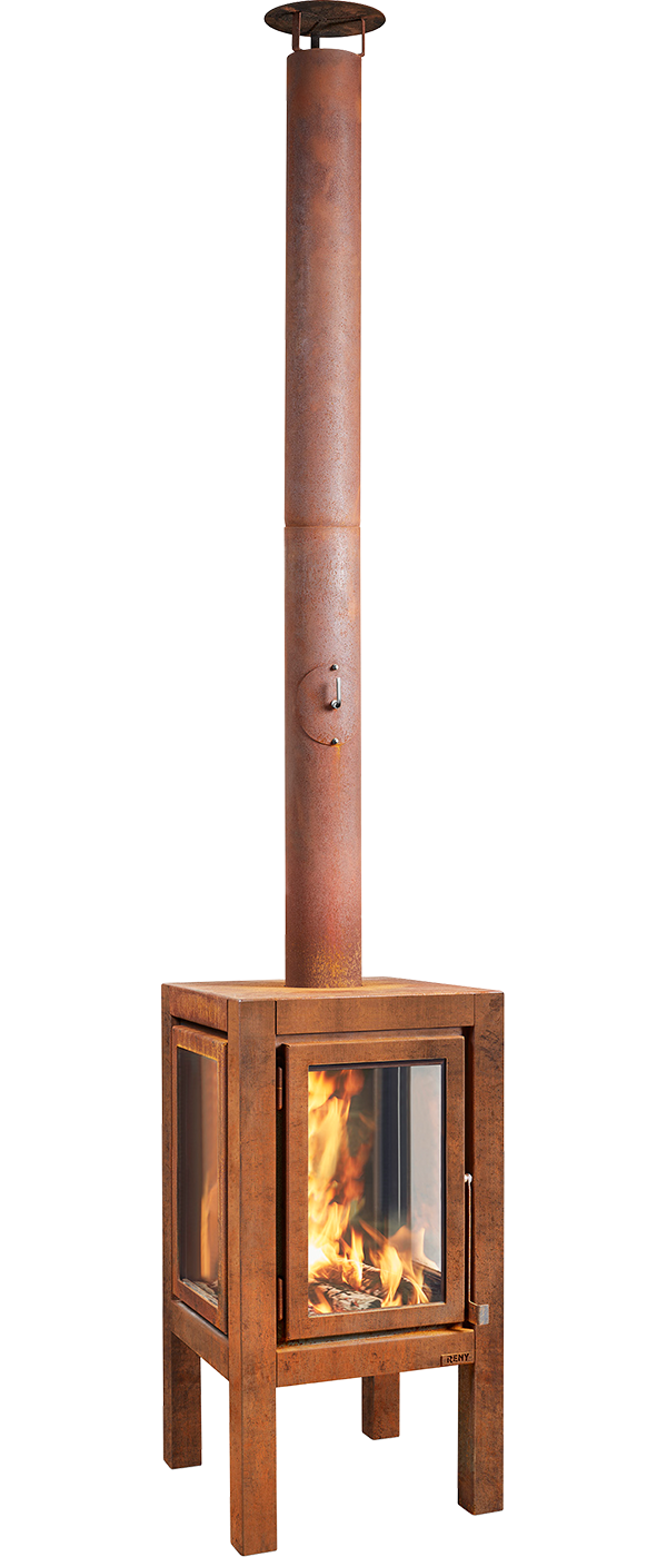 RB73 Quaruba XXL MOBILE 4-Sided Glass Warm Brown CorTen Steel Wood