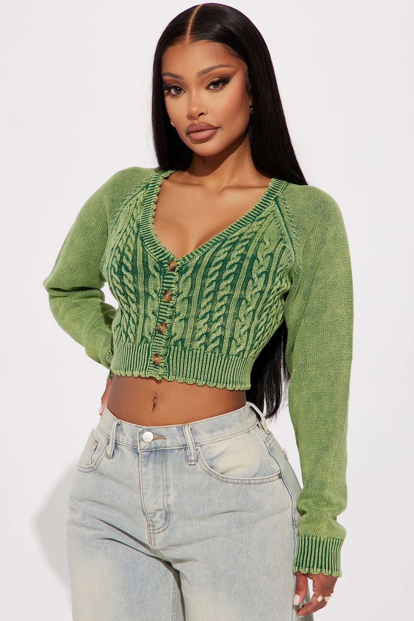 Street Looks Washed Cropped Cardigan - Green | Fashion Nova