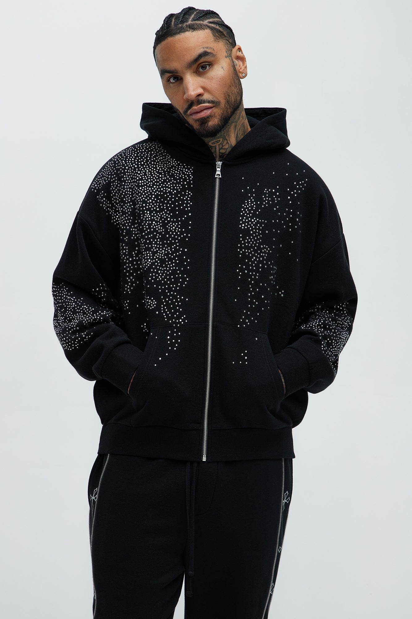 Tyson Capen Rhinestones Oversized Zip Hoodie - Black | Fashion Nova