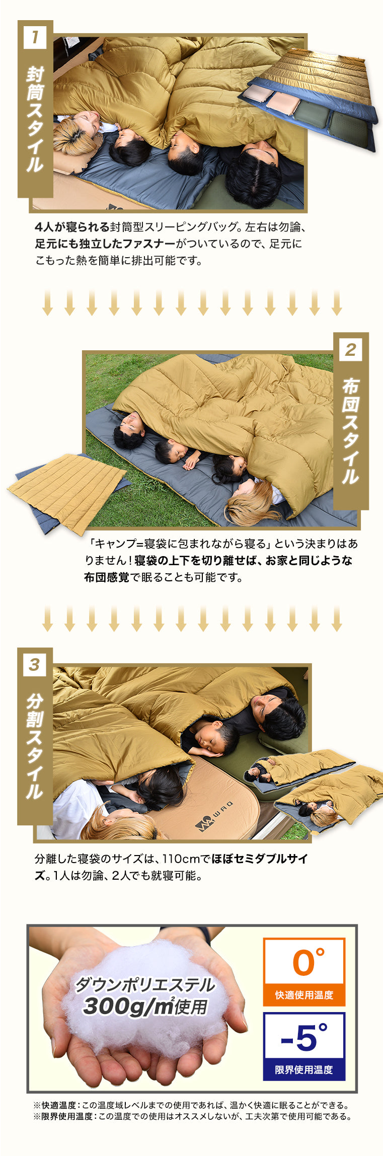 WAQ DD SLEEPINGBAG ファミリー用 両開きタイプ寝袋 3シーズン使用可能