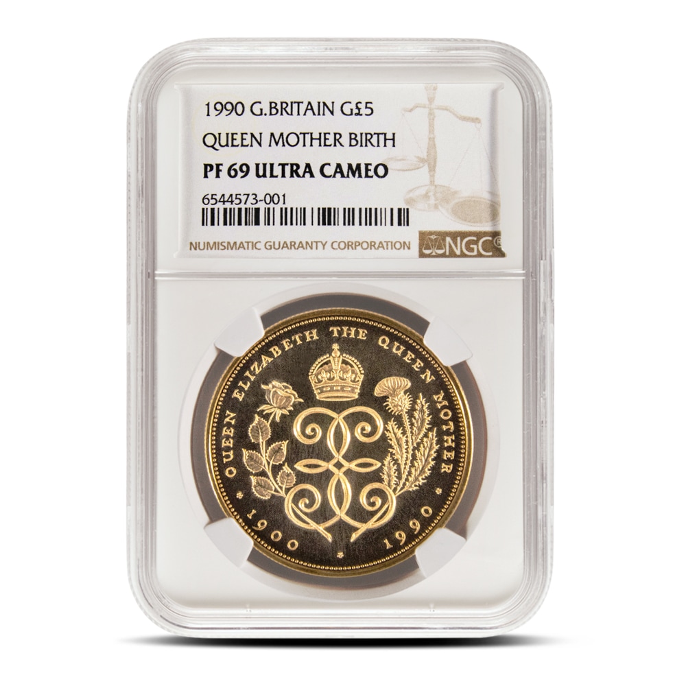1990 5 Pound British Queen Mother Birth Gold Coin NGC PF69