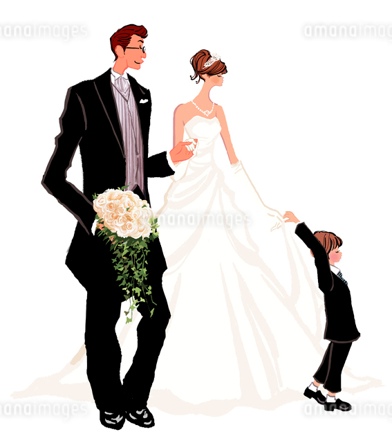 結婚式のウエディングドレスの女性とタキシードの男性と子供のイラスト