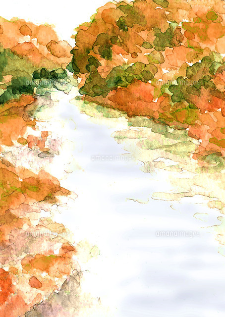 川の流れる紅葉した森の中の水彩イラスト 景色素材のイラスト素材