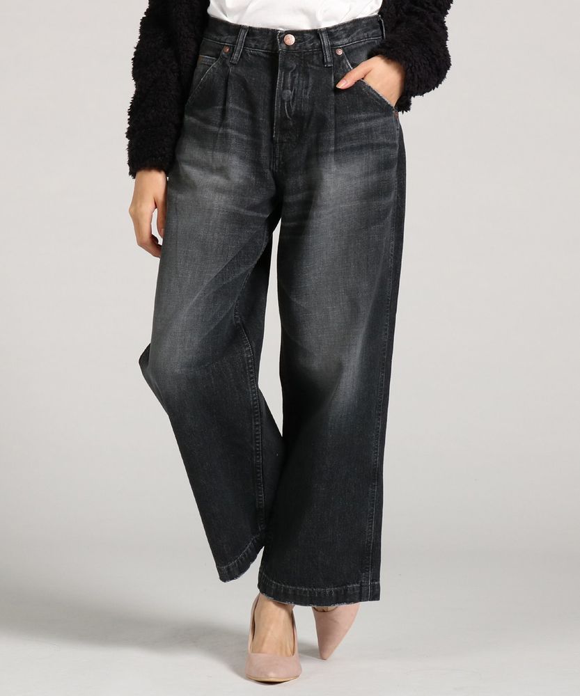 TUCK WIDE SCARLETT タックワイドクラッシュデニム(26 ブラック