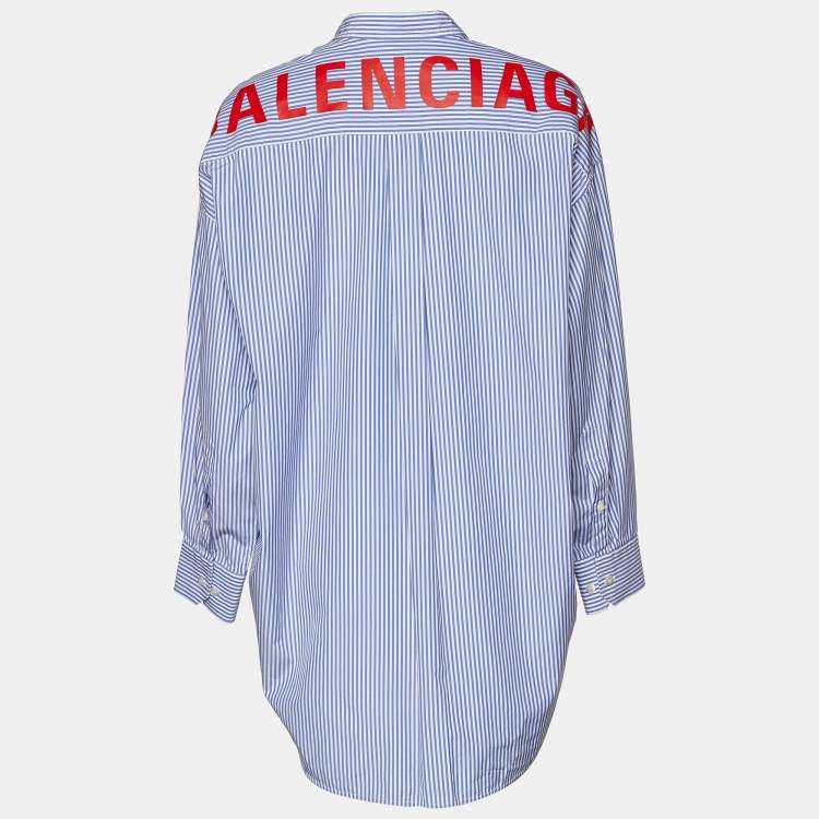 Balenciaga Blue Striped Cotton Neck Tie Detail Oversized Shirt S